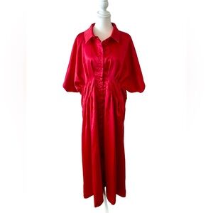 Anthropologie EXQUISE Maddox Satin Midi Shirt Dress – Red – 1X (BNWOT)